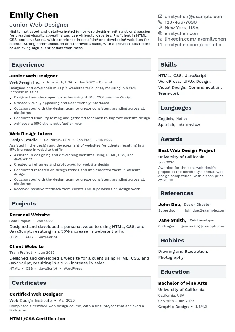 Junior Web Designer resume example