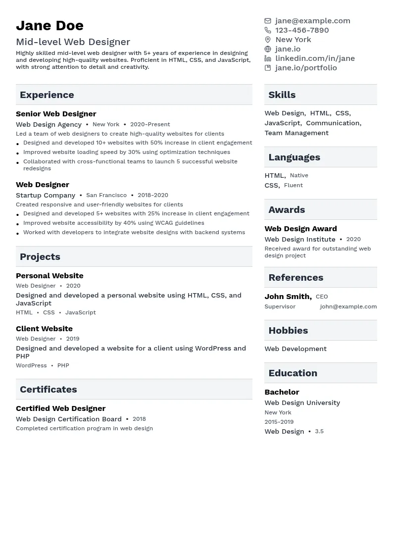 Mid-level Web Designer resume example
