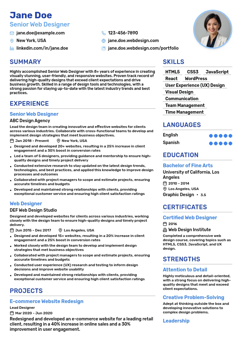 Senior Web Designer resume example