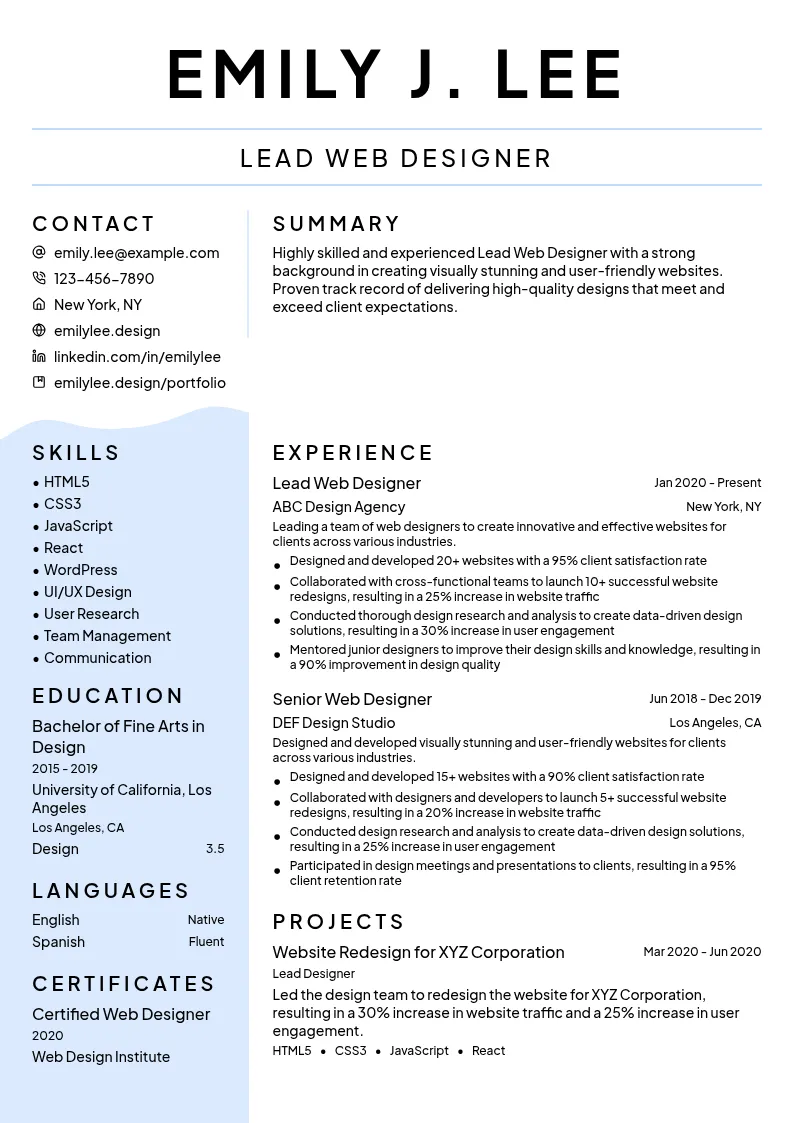 Lead Web Designer resume example