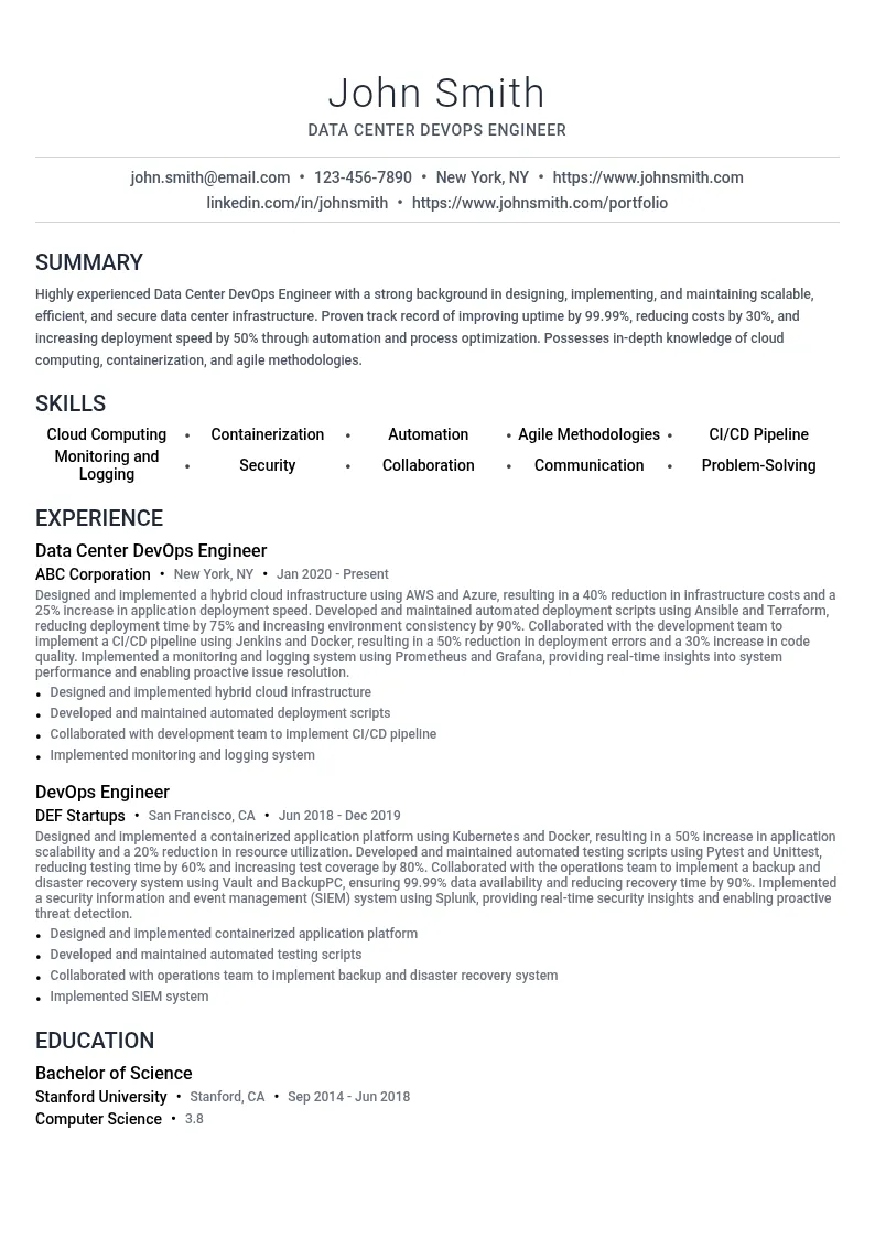 Data Center DevOps Engineer resume example