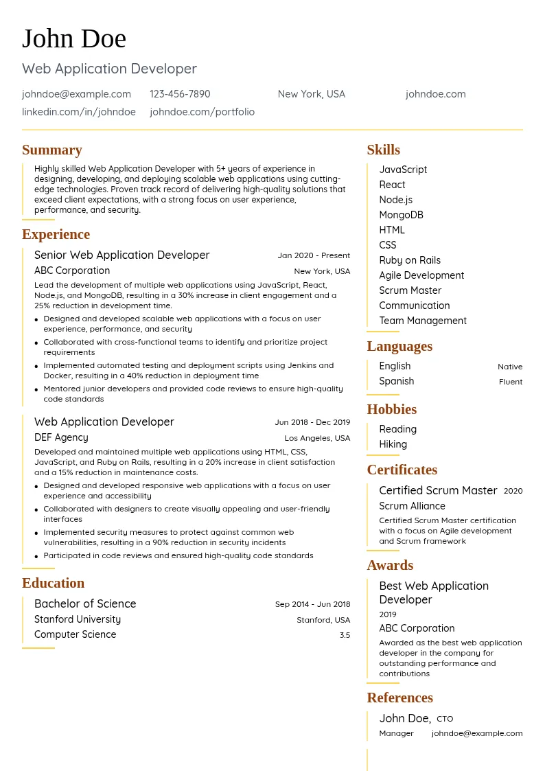 Web Application Developer resume example