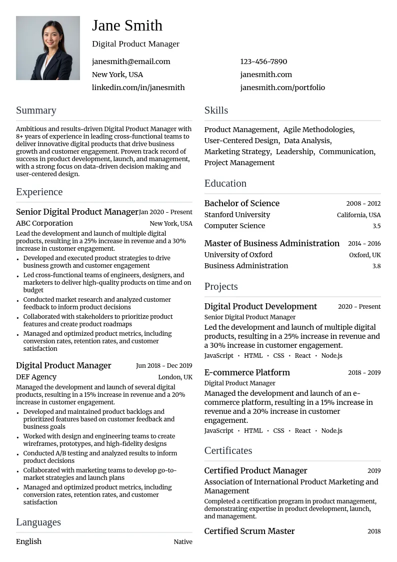Digital Product Manager resume example