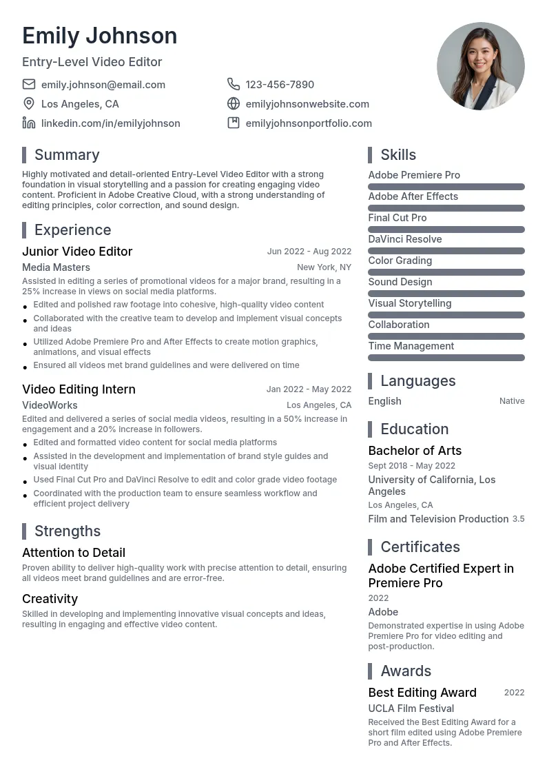 Entry-Level Video Editor resume example