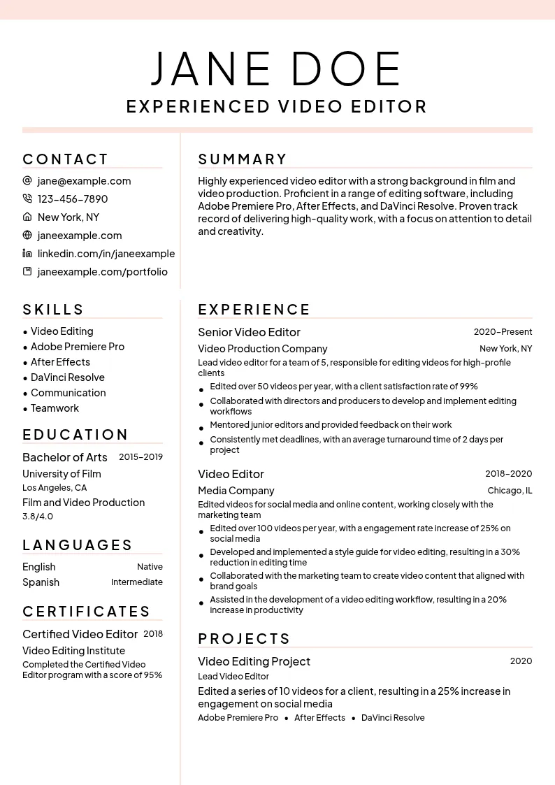Experienced Video Editor resume example
