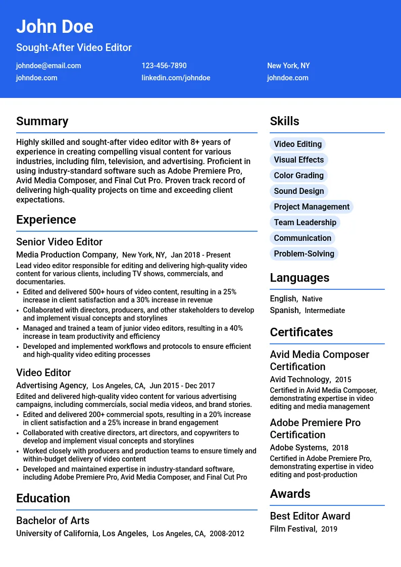 Sought-After Video Editor resume example