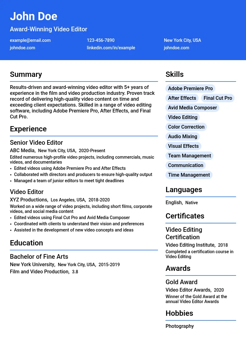 Award-Winning Video Editor resume example