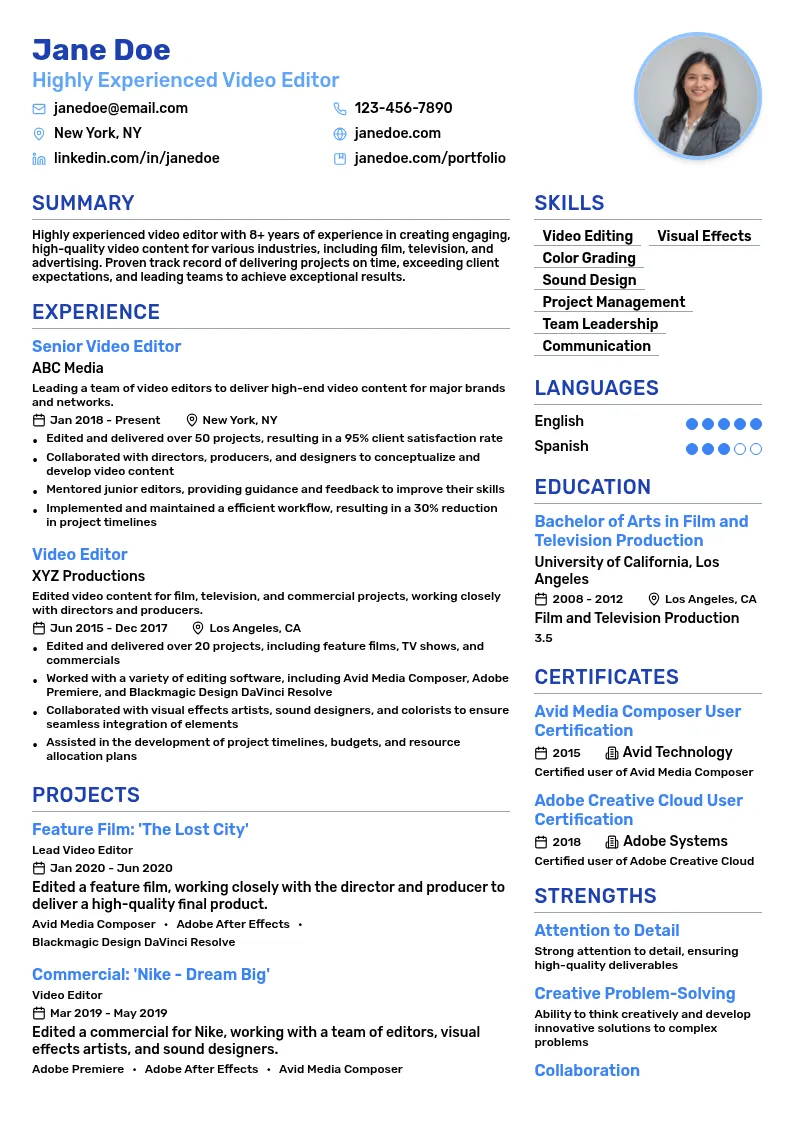 Highly Experienced Video Editor resume example