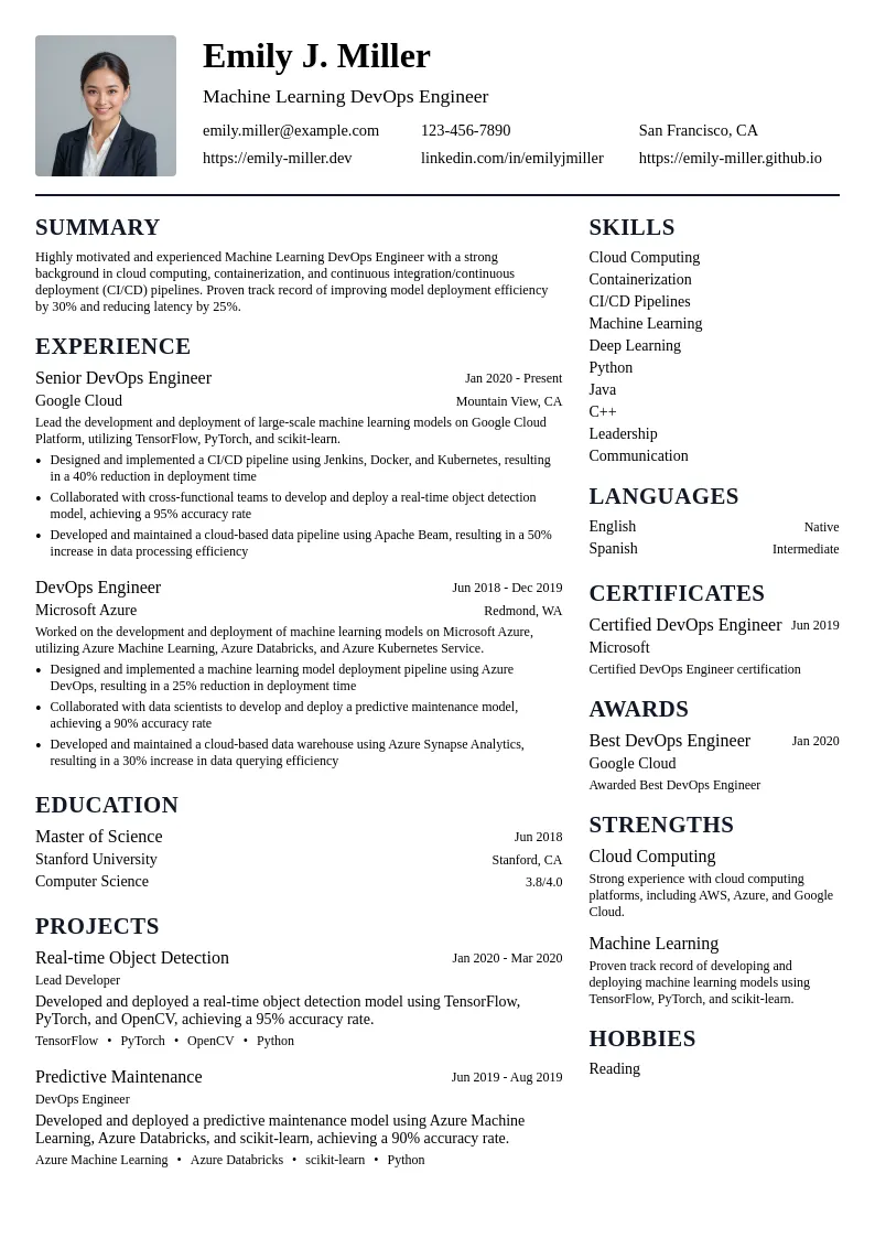 Machine Learning DevOps Engineer resume example