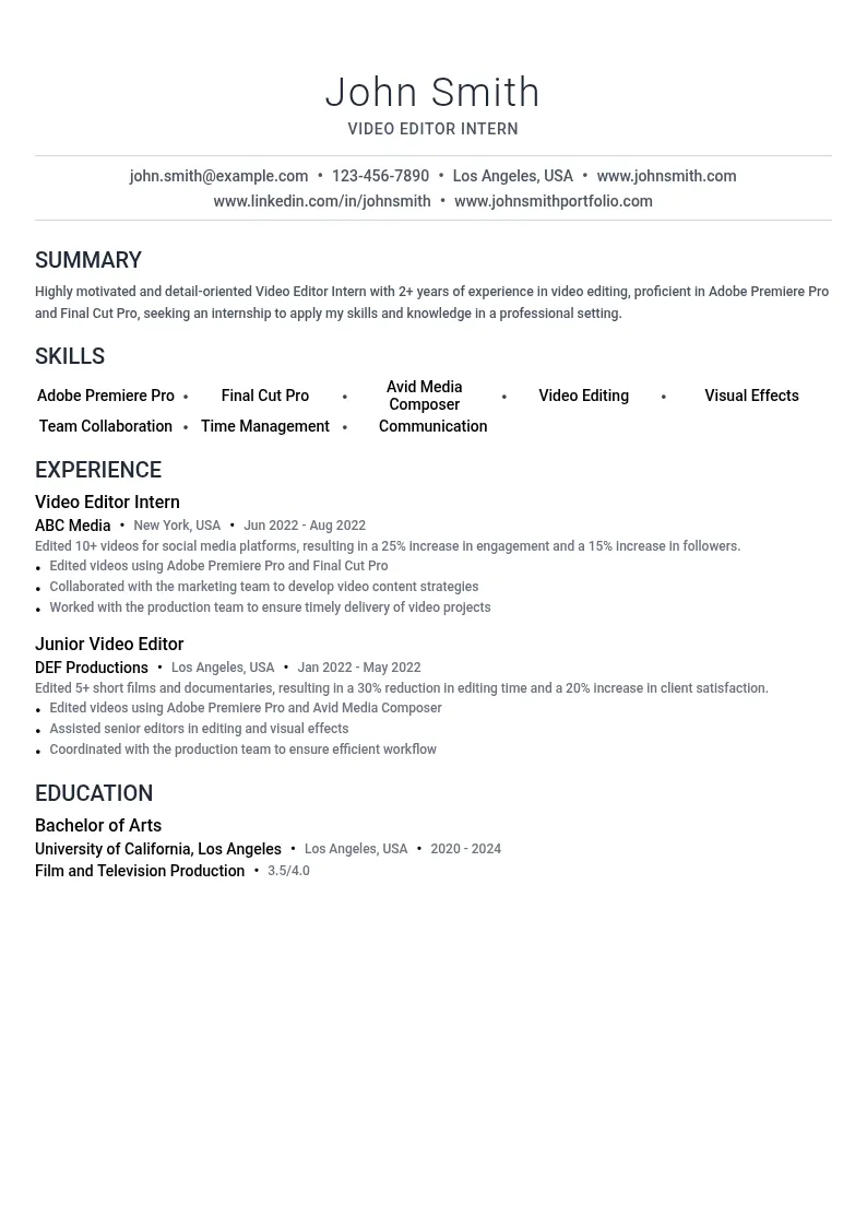 Video Editor Intern resume example