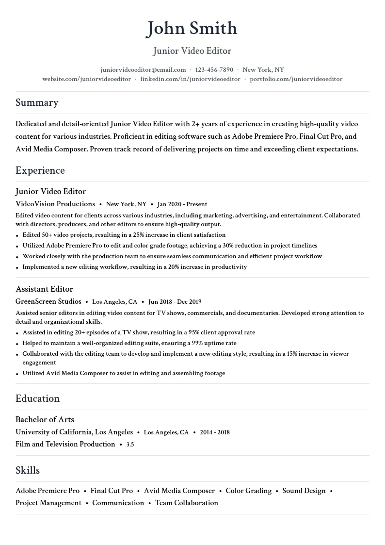 Junior Video Editor resume example