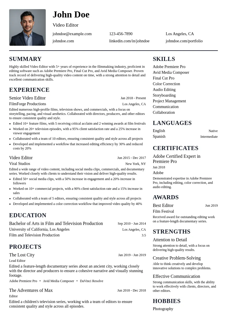 Video Editor resume example