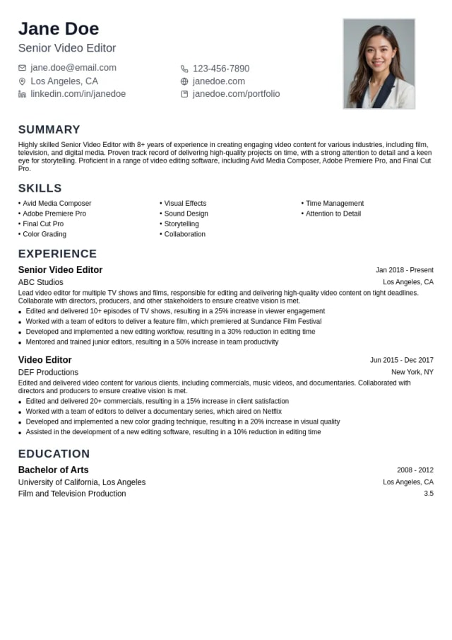 Senior Video Editor resume example