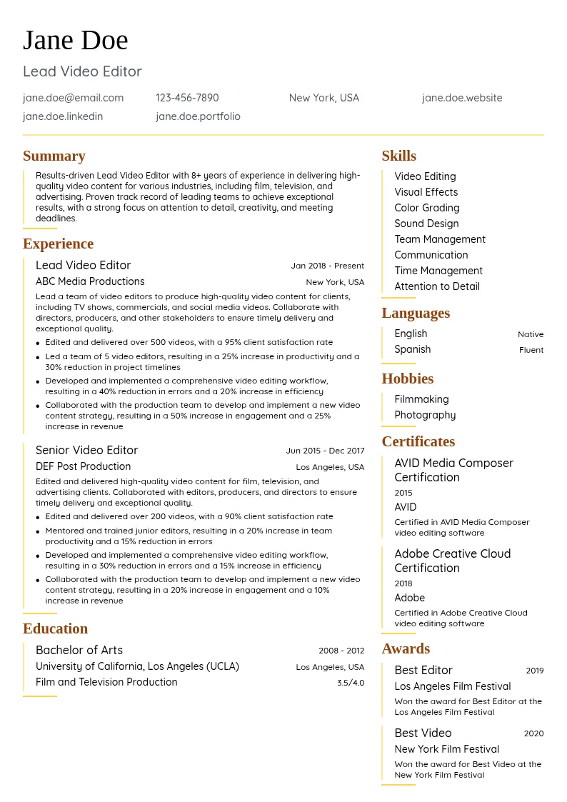Lead Video Editor resume example