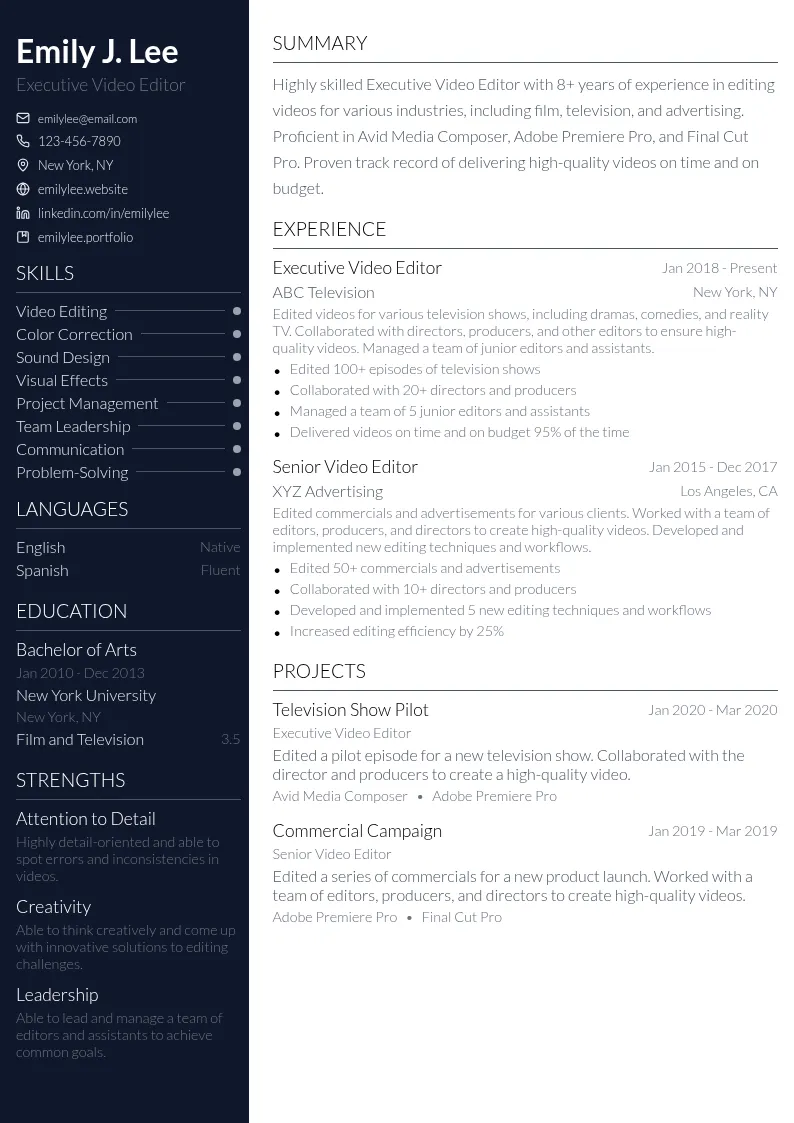 Executive Video Editor resume example