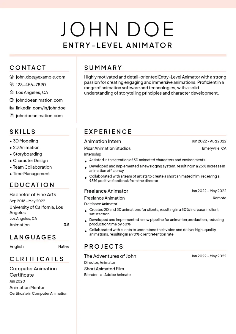 Entry-Level Animator resume example