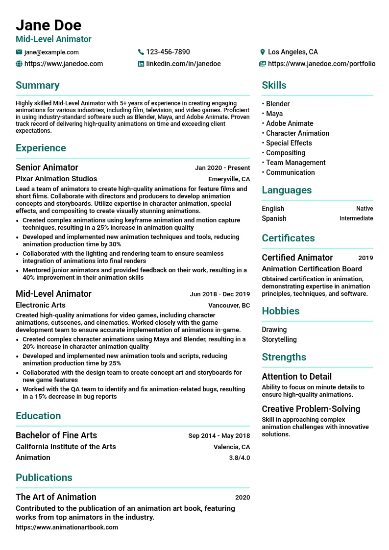 Mid-Level Animator resume example