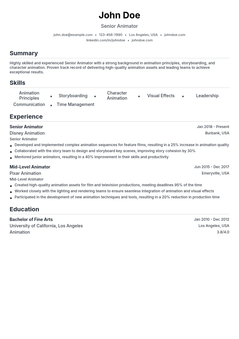 Senior Animator resume example