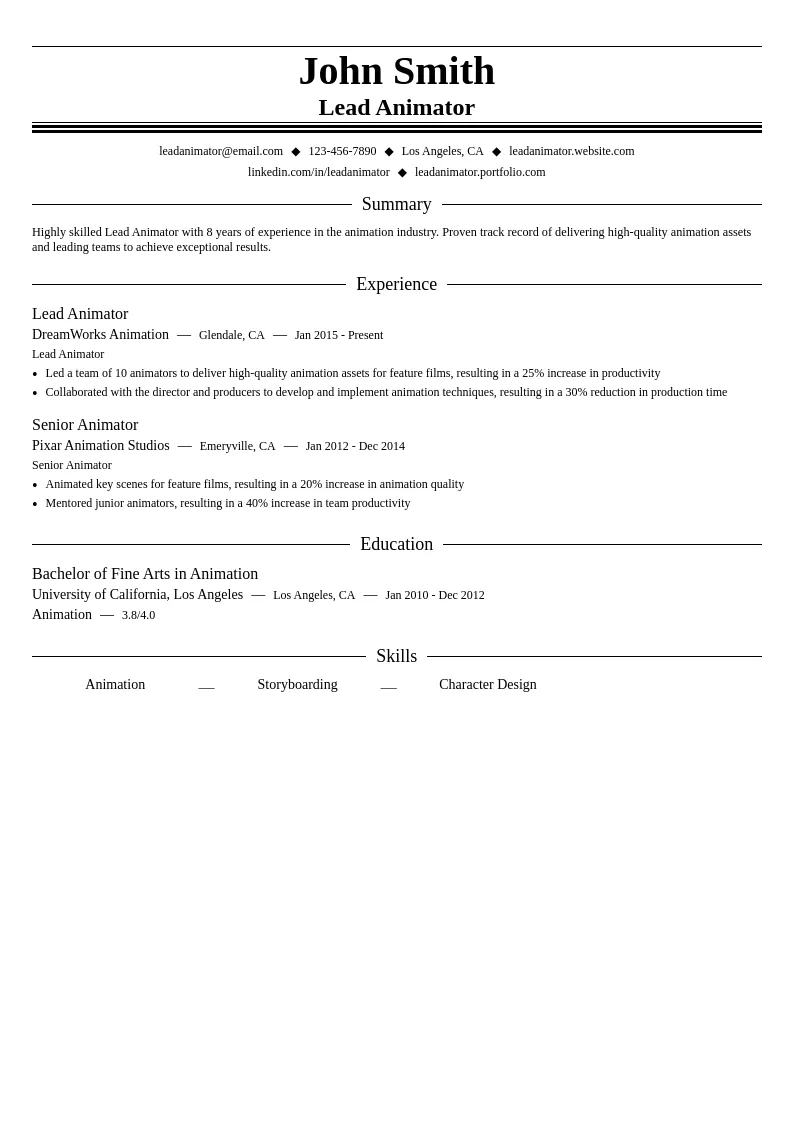 Lead Animator resume example