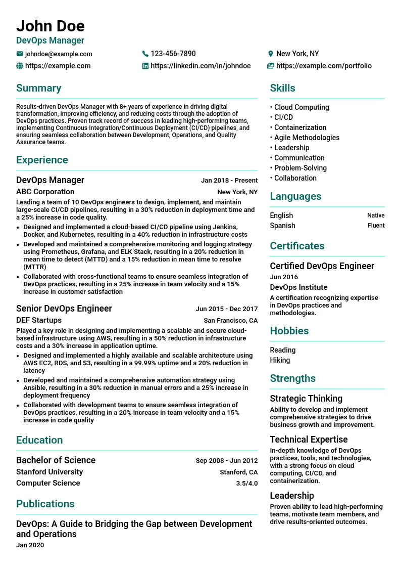DevOps Manager resume example