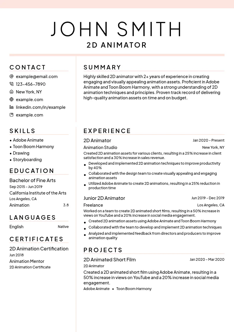 2D Animator resume example