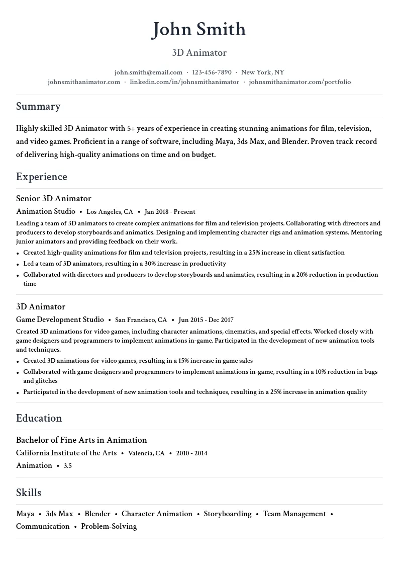 3D Animator resume example