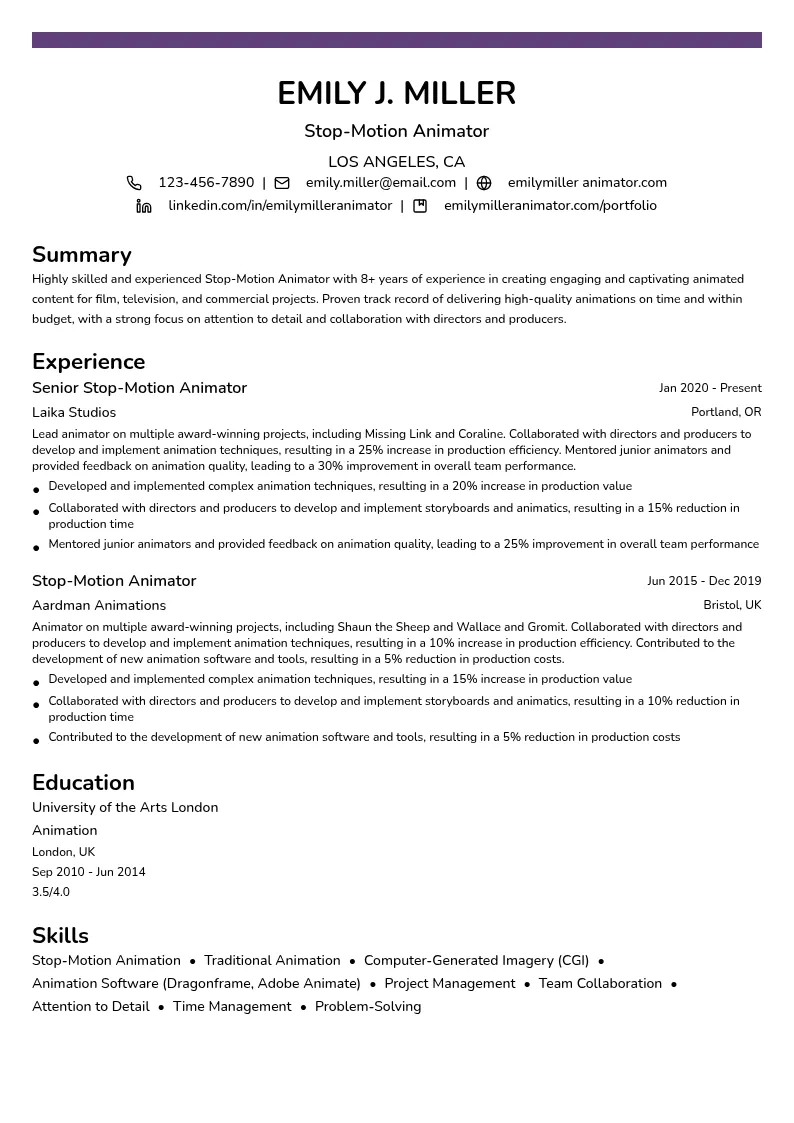 Stop-Motion Animator resume example