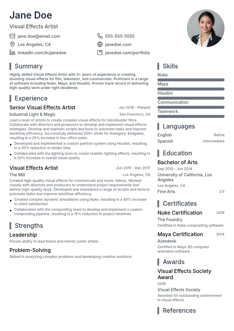 Visual Effects Artist resume example