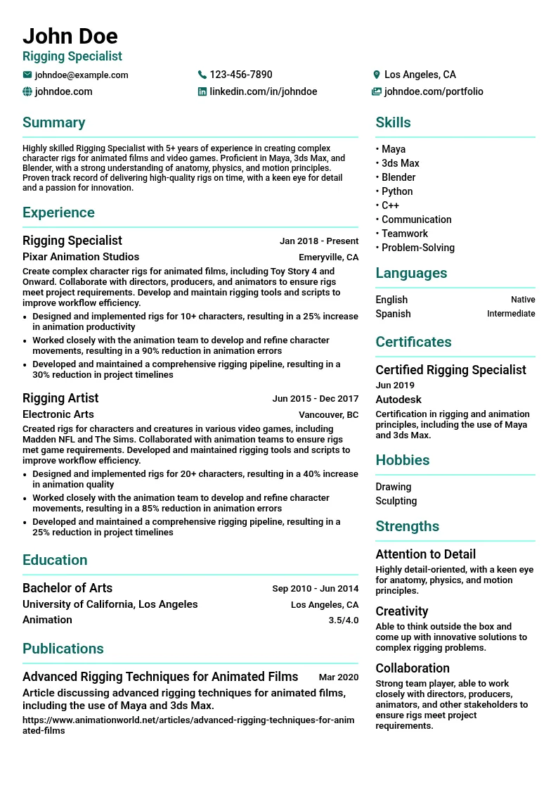 Rigging Specialist resume example