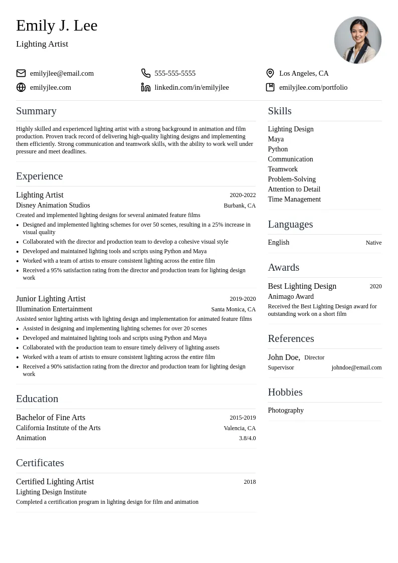 Lighting Artist resume example