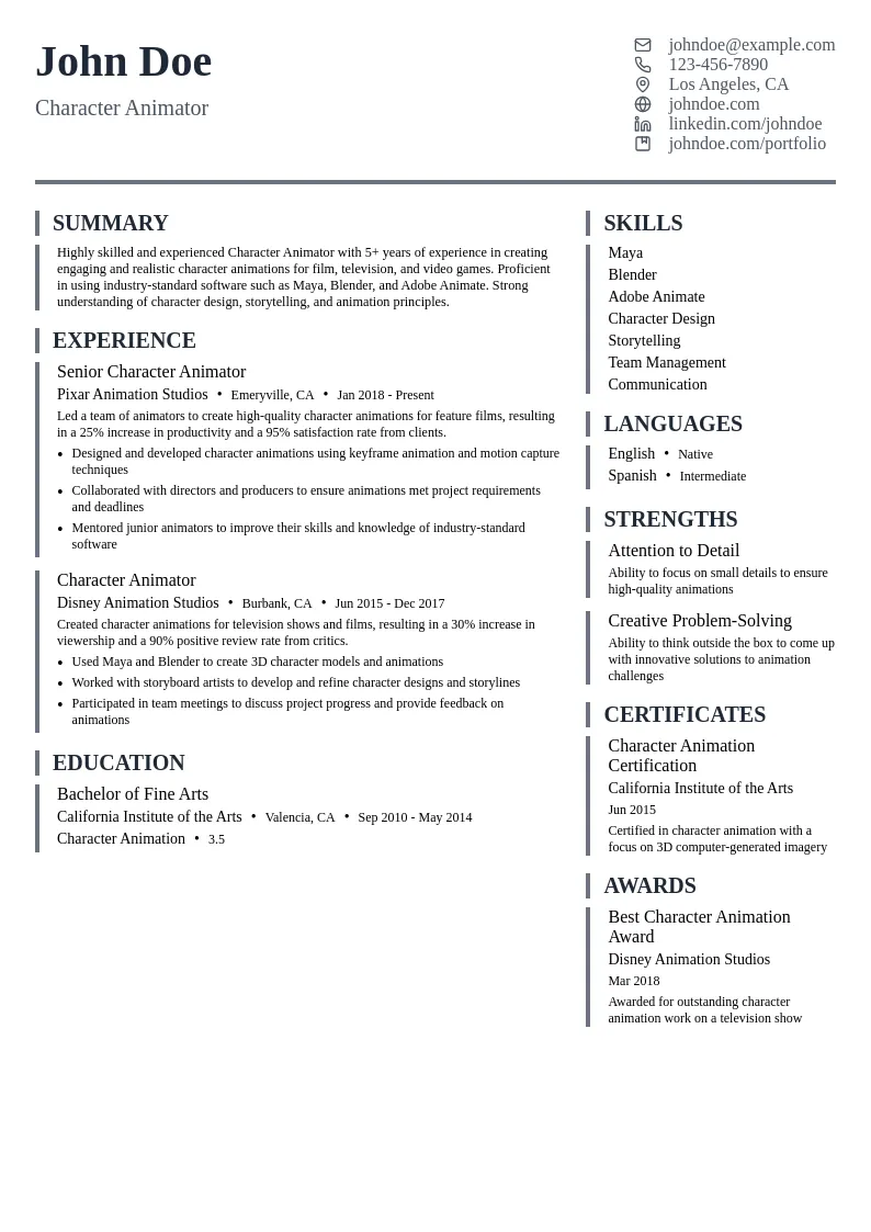 Character Animator resume example