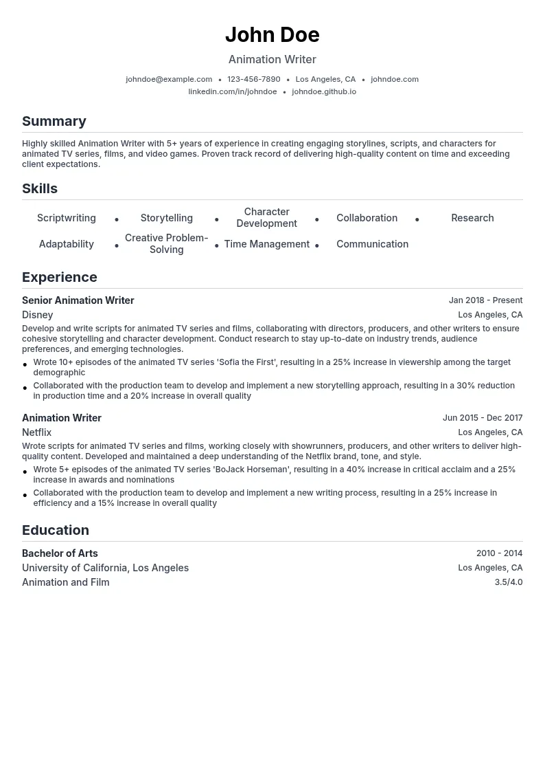 Animation Writer resume example