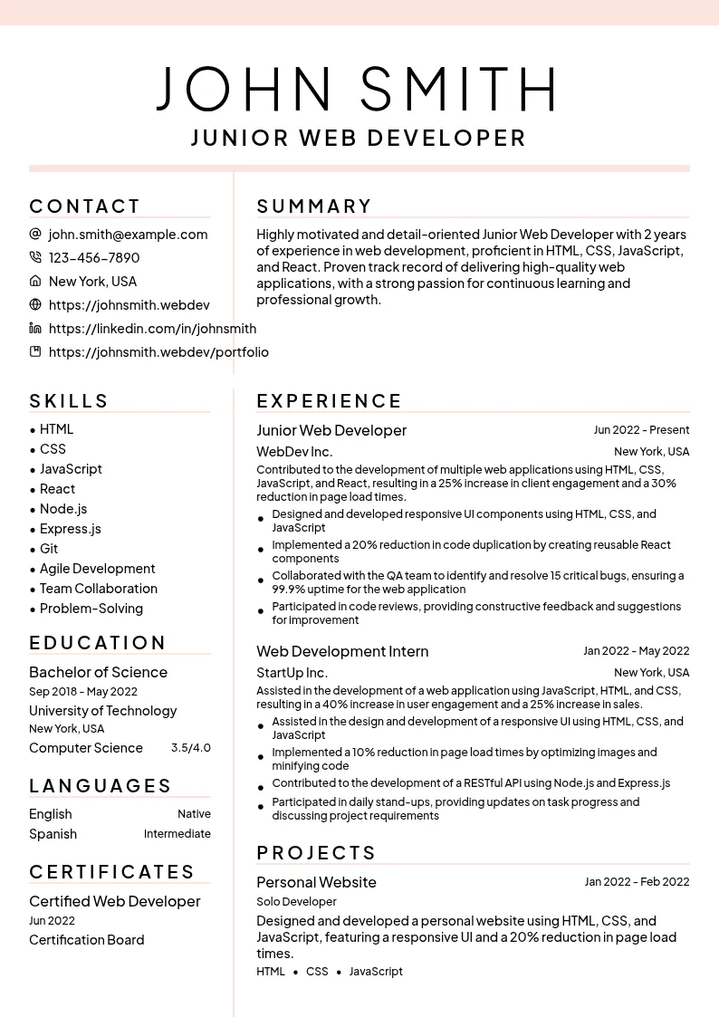 Junior Web Developer resume example
