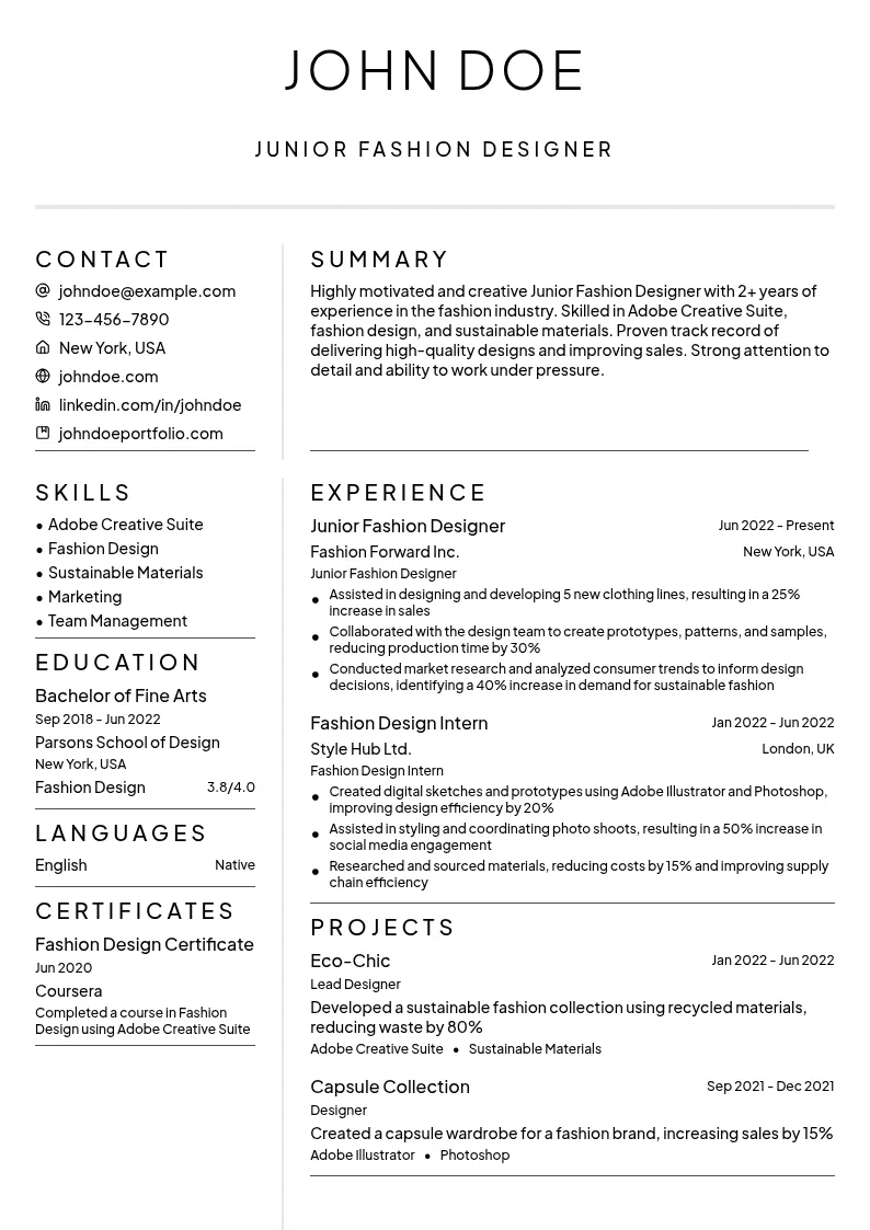 Junior Fashion Designer resume example