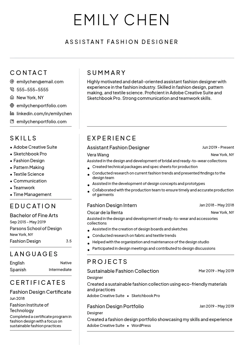 Assistant Fashion Designer resume example