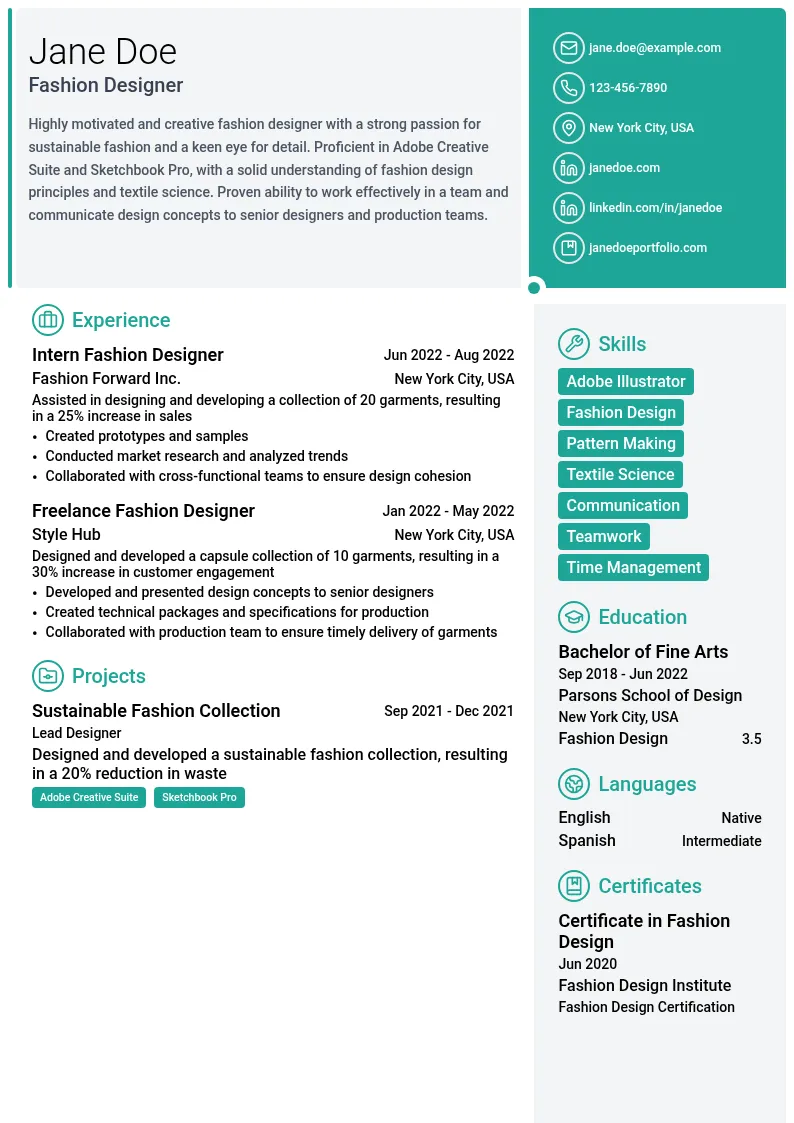 Fashion Designer (Entry-Level) resume example