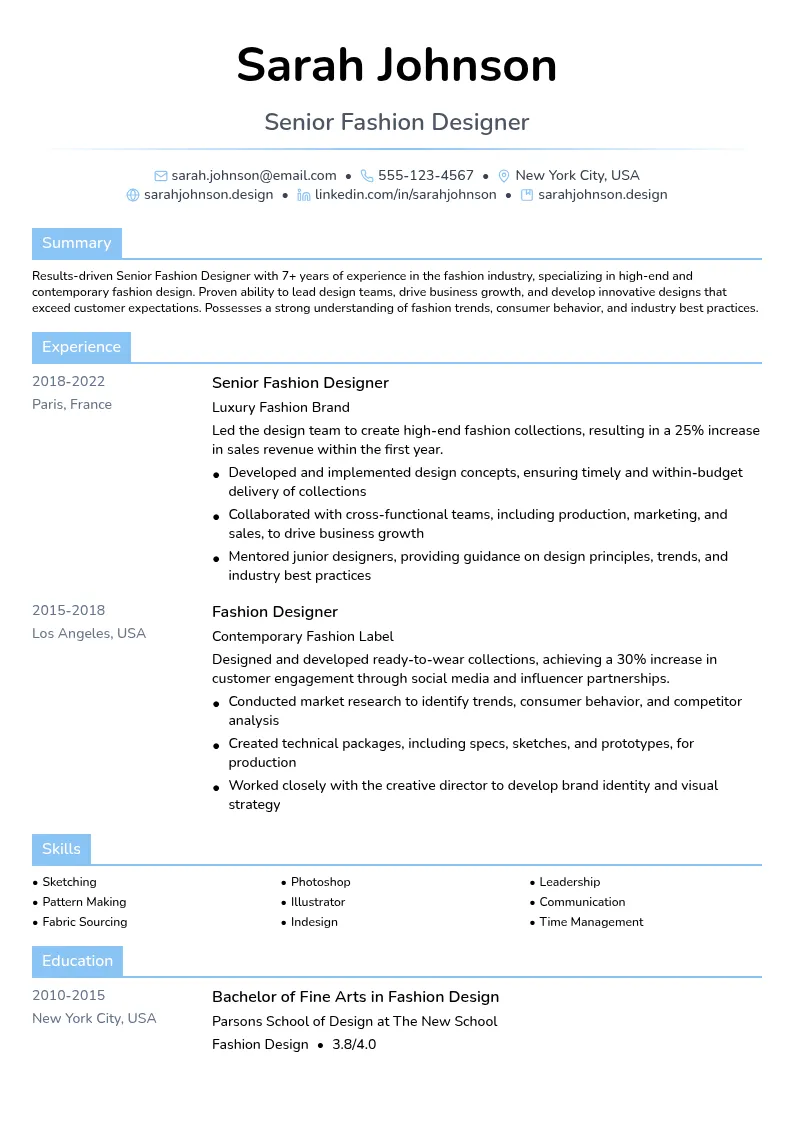 Senior Fashion Designer resume example