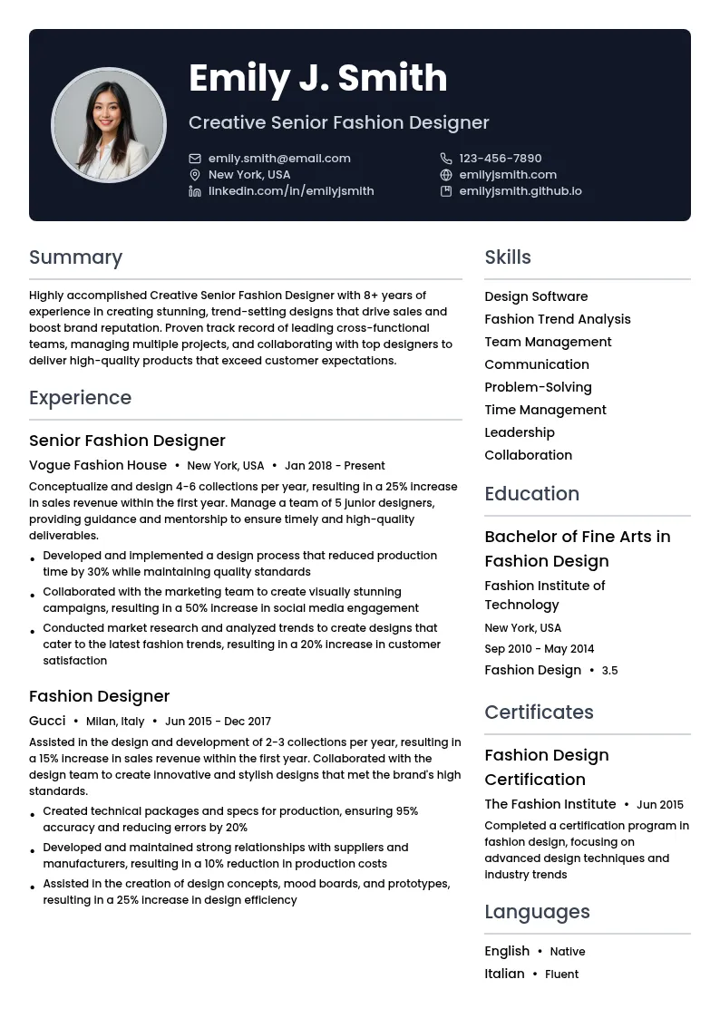 Creative Senior Fashion Designer resume example