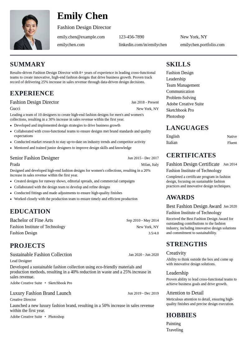 Fashion Design Director resume example