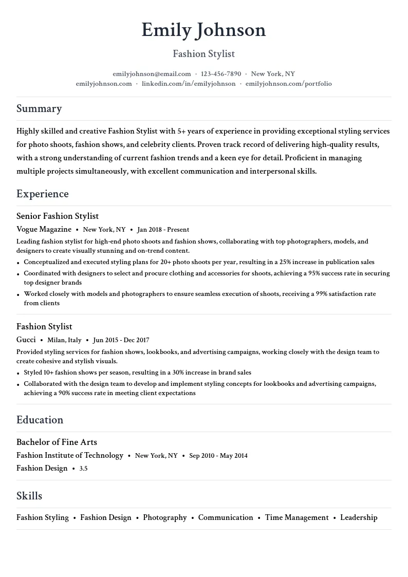 Fashion Stylist resume example