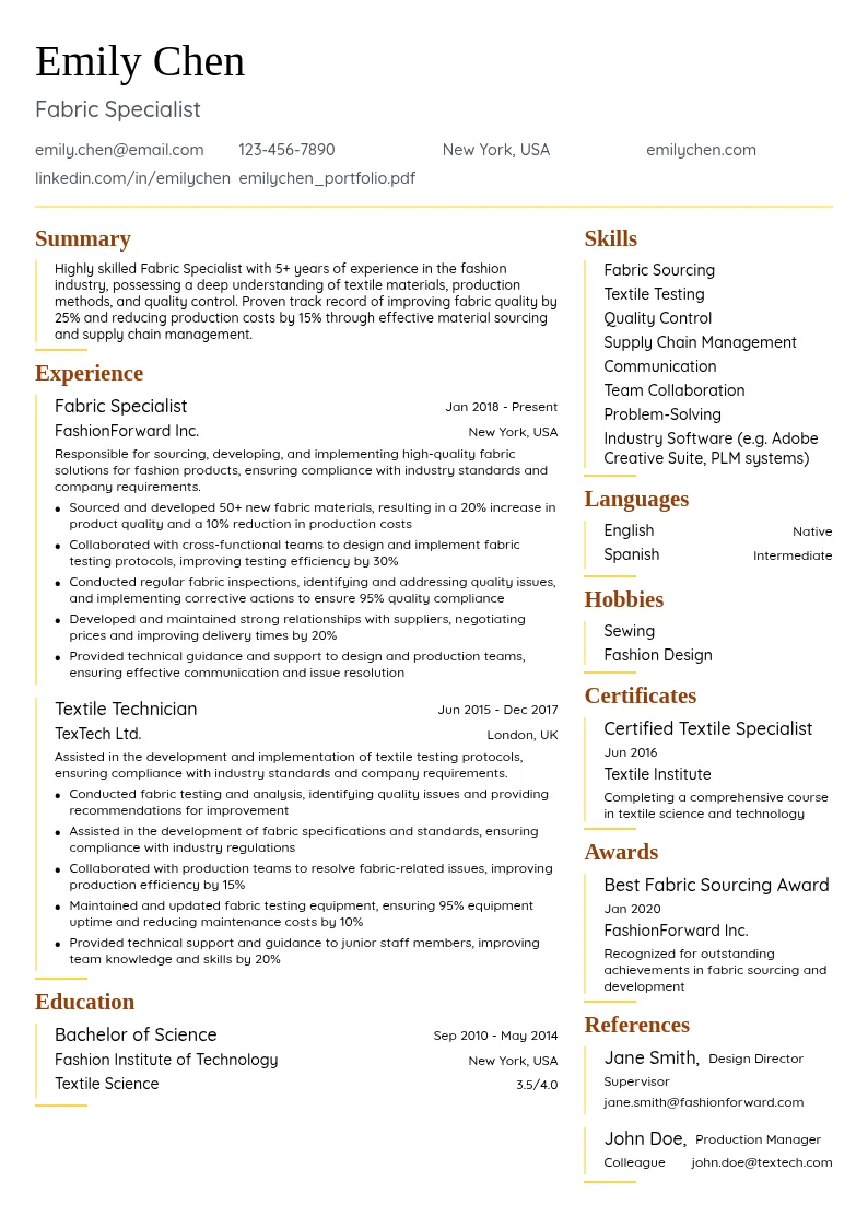 Fabric Specialist resume example