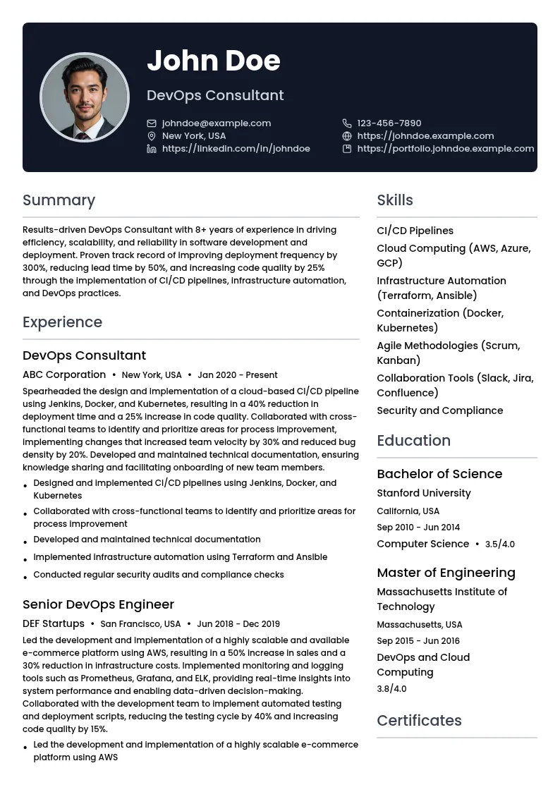 DevOps Consultant resume example