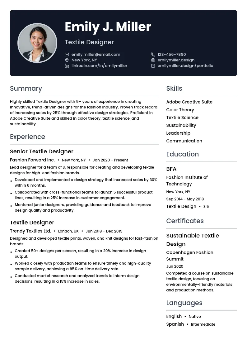 Textile Designer resume example