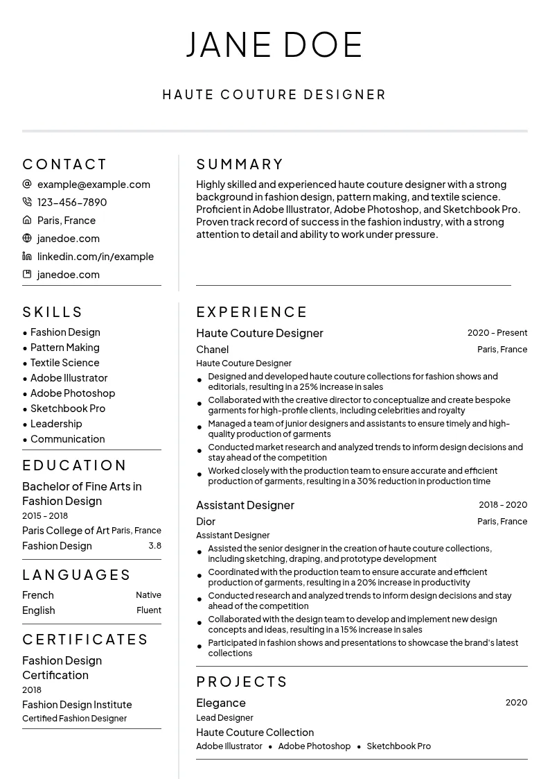  haute couture Designer resume example