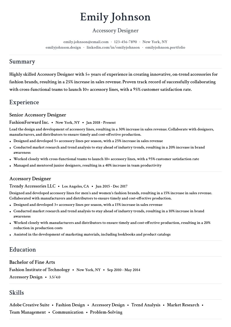 Accessory Designer resume example