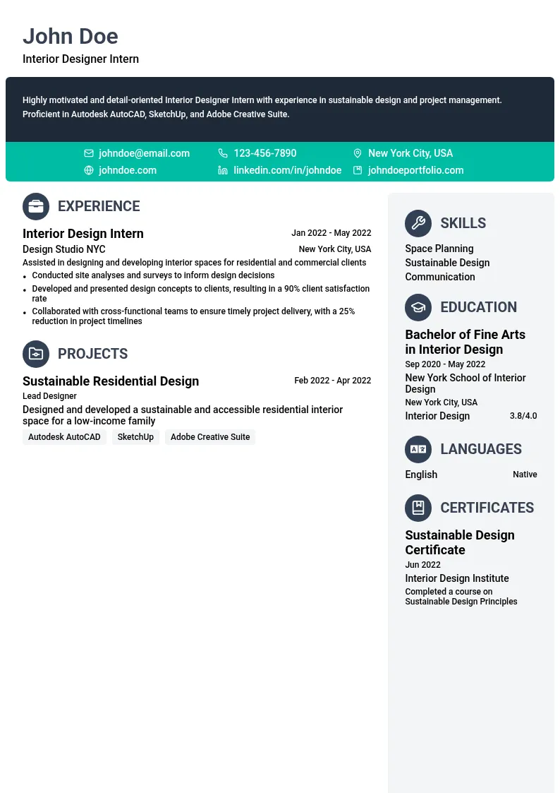 Interior Designer Intern resume example