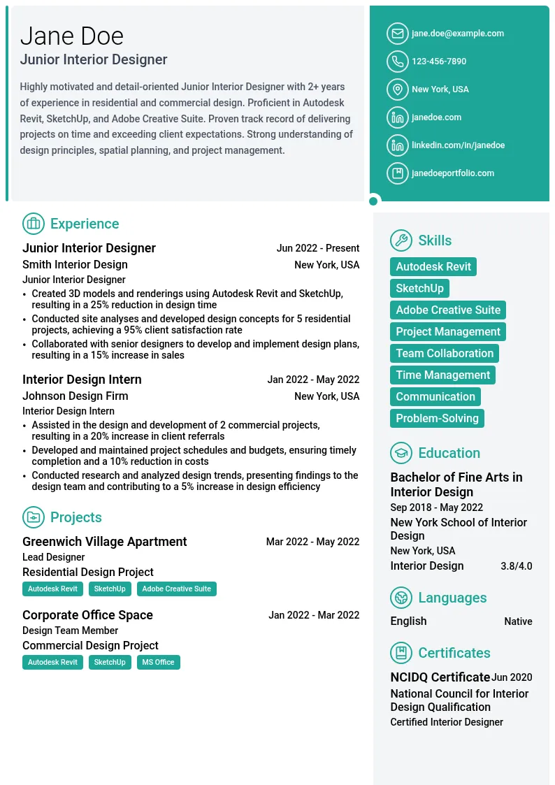 Junior Interior Designer resume example