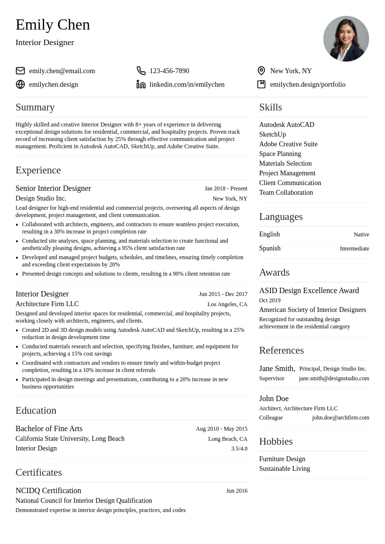 Interior Designer resume example