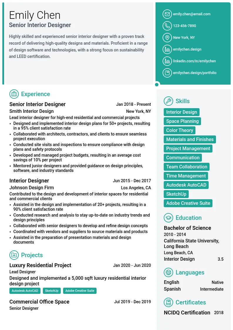 Senior Interior Designer resume example
