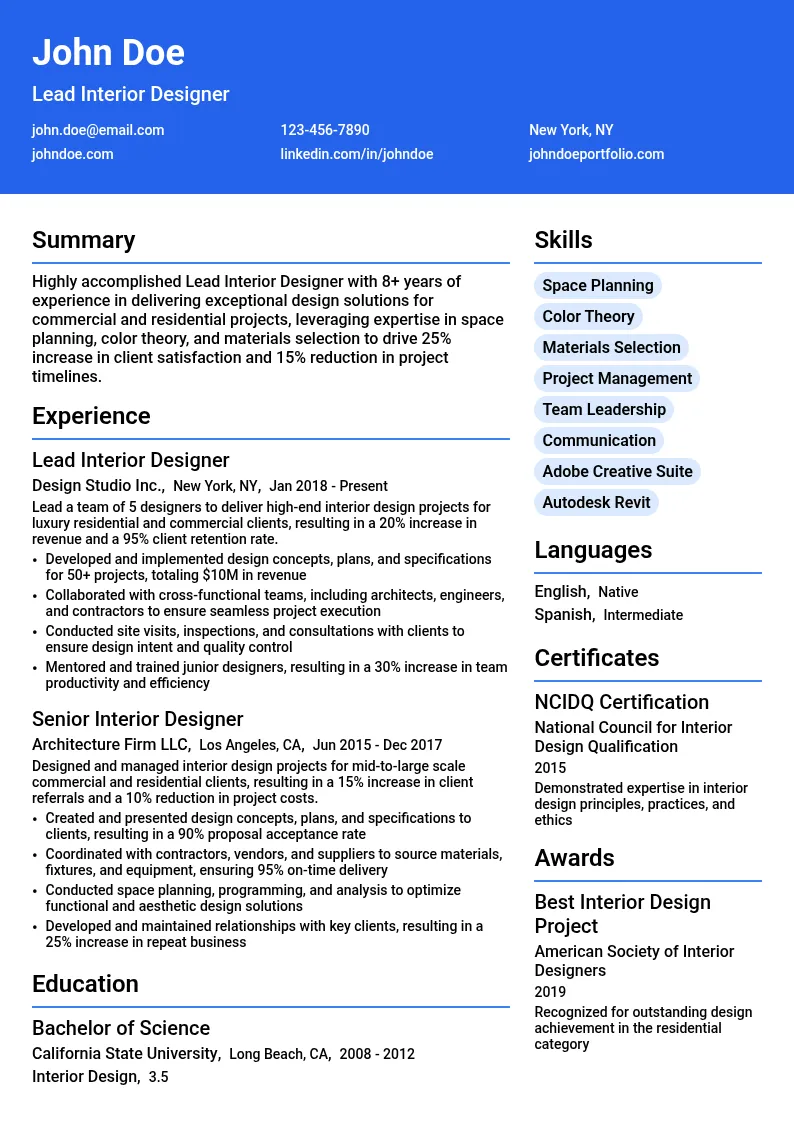 Lead Interior Designer resume example